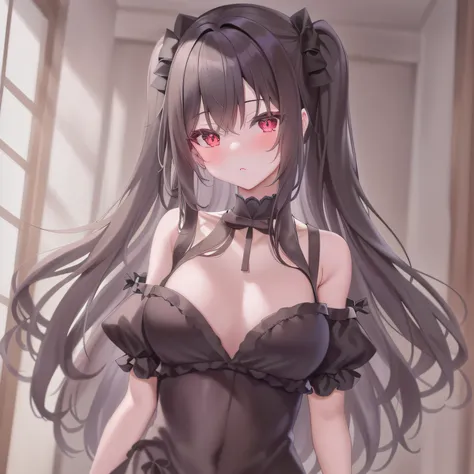Anime girl wearing black dress,Long hair and bows, small curvaceous loli, seductive anime girls, loli in dress, Smooth anime CG art, Anime girl wearing black dress, anime moe art style, cute anime waifu in a nice dress, Soft anime illustration, Beautiful a...