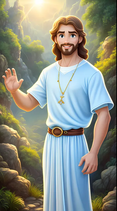 original art quality, full body picture, disney character animation style, young and handsome jesus god, standing posture, hands...