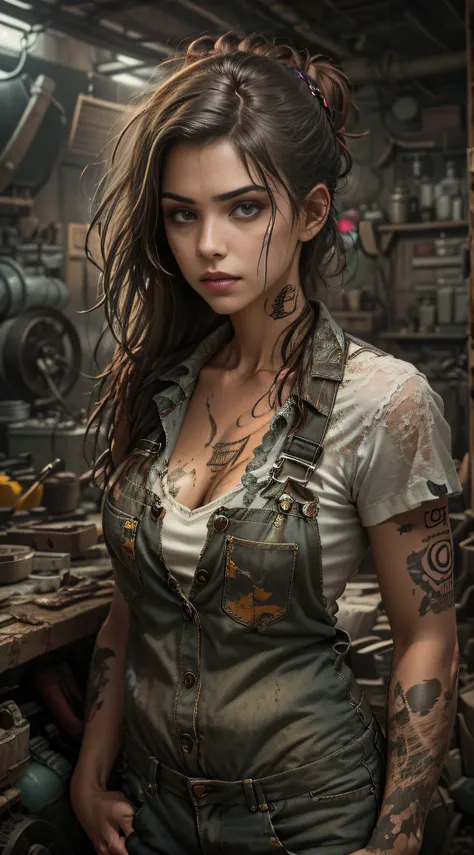 ((best quality)), ((masterpiece)), (detailed), mesmerizing and alluring female mechanic covered in grease, (dirty and rugged cha...