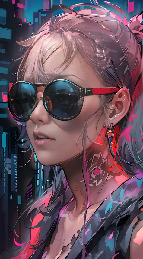 close up, full color painting of  standing cyberpunk girl, sunglasses, high heel shoes, perfect hourglass figure, perfect huge t...