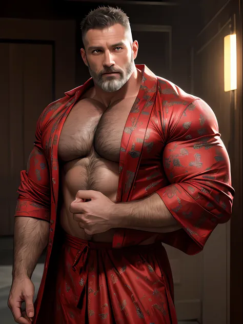 an award-winning original photo，a wild muscular man, (40 years old daddy:1.1), 1boy, solo, (red print robe), (blue long print sk...