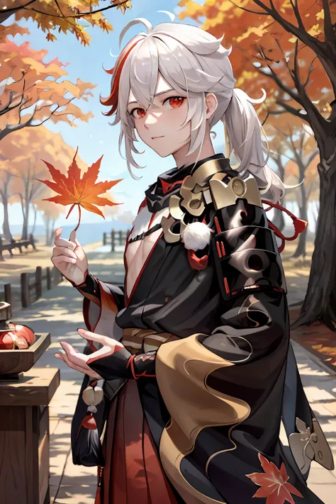 tmasterpiece, best qualityer, Maple plains and leaves, malefocus, 1boy, 独奏, red eyes, By bangs, O cabelo multicolorido, Japanese clothes, Striped hair, red hair, hair between eye, arma, The sword, Armour, Japanese armor, White hair, Keep ones mouth shut,hi...