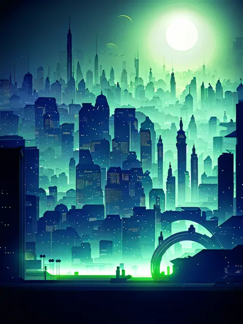 una ciudad de noche estilo Moebius, futurista, distopica, ilustracion, Destroyed, mucho smog, profundidad de campo,