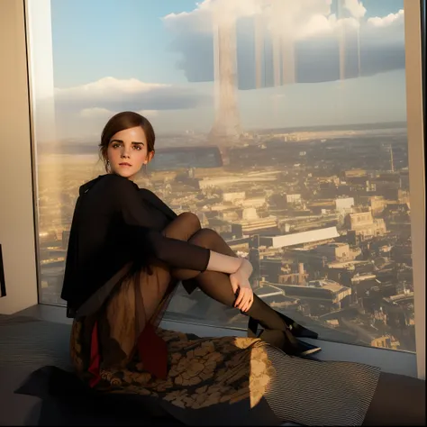 emma watson, a tall slender adult woman sitting on her bed in the dark bedroom, she wears a short dark red skirt and a black lac...