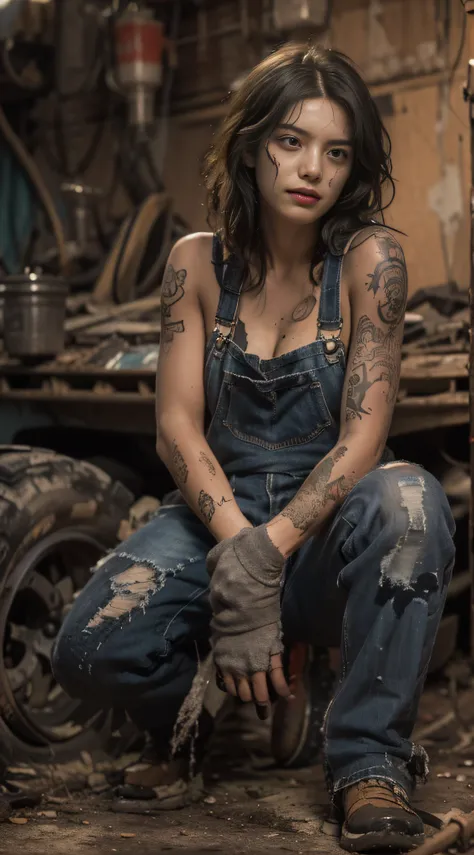 ((best quality)), ((masterpiece)), (detailed), mesmerizing and alluring female mechanic covered in grease, (dirty and rugged cha...