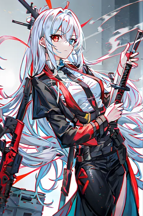 white long hair anime girl holding sword and gun, from girls frontline, girls frontline style, fine details. girl front, girls f...