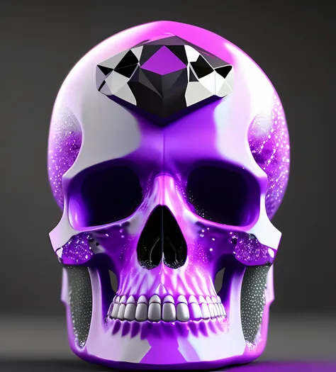 a closeup of a skull with purple jewelry in its eyes, crystal skull, skull like, glass skull, fantasy skull, renderizado em cine...