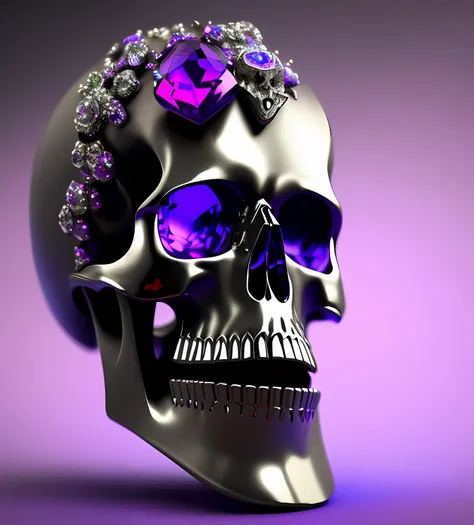 a closeup of a skull with purple jewelry in its eyes, crystal skull, skull like, glass skull, fantasy skull, renderizado em cine...