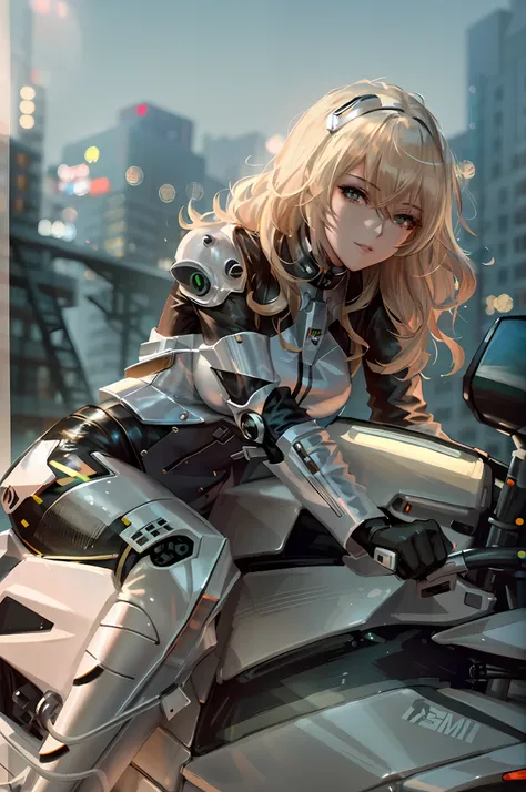 blonde woman in futuristic outfit sitting on a motorcycle in the city, girl in mecha cyber armor, cyberpunk anime girl mech, cut...