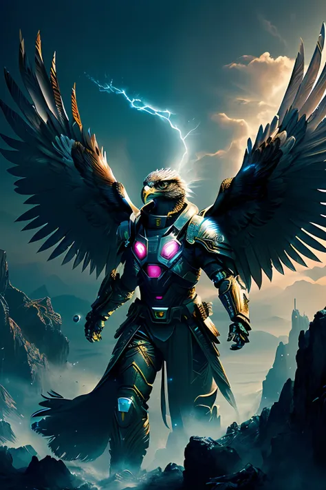Eagle Falcon Warrior,Eagle head mask,Hawkeye,Eagle beak, An eagle warrior with an eagle falcon face and wings stands in front of the alien city,Close-up of the eagle falcon,Huge wings glow, Beautiful and elegant King Falcon,The head is the head of an eagle...