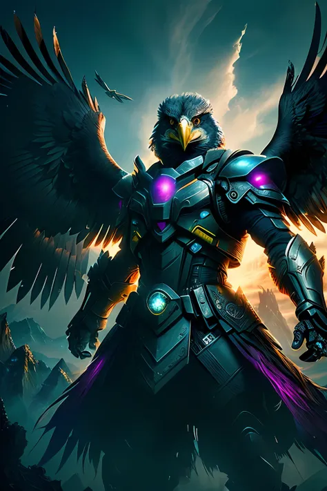 Eagle Falcon Warrior,Eagle head mask,Hawkeye,Eagle beak, An eagle warrior with an eagle falcon face and wings stands in front of the city of darkness,Close-up of the eagle falcon,Huge wings glow, Beautiful and elegant King Falcon,The head is the head of an...