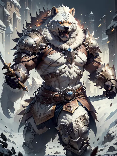 (a shield，white bear with sword and armor)， fur-clad barbarian goliath, fur armour, wearing intricate fur armor, (((instantly ro...