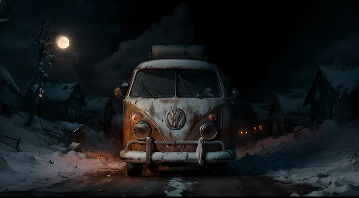 analog gloomy photo of an (orange) volkswagen kombi,  ((haunted house:1.0)), (walking dead:1.0), zombie apocalypse, (abandoned t...