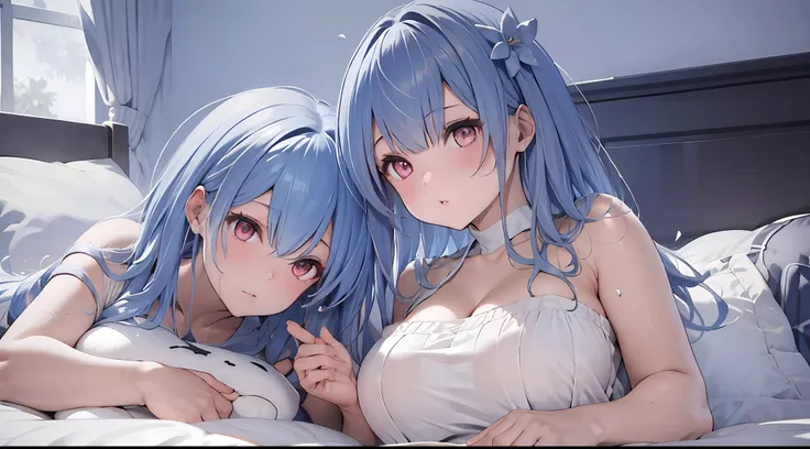 2 20-year-old goddesses lying on their stomachs on the bed, mix4, Sweaters, pillow head, cparted lips, Open_Mouth, photorealestic, Photo_(curly), 独奏, stuffed_Animal, stuffed_toys, teddy_bear,(tmasterpiece),(realisticlying:1.3), Hyper-detailing, (highdetail...