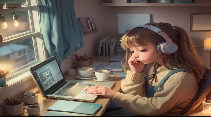 Theres a blonde-haired girl, sentada em uma mesa com um laptop, olhos abertos e fones de ouvido sem microfone, candle lighting, painting digital adorable, bela Arte Digital, Arte Digital detalhada bonito, menina lofi, Retrato de Lofi, Art not Guweiz style,...