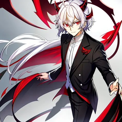 Anime characters with white hair and red eyes in black suits, handsome japanese demon boy, dapper dream demon, Best anime 4k konachan wallpaper, Demon Boy, Key anime art, with red glowing eyes, zerochan art, offcial art, nagito komaeda, Vampires, mika kura...
