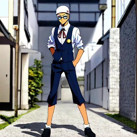 StoneOcean, 1boy, light skin, masterpiece, best quality, full body, japanese black school uniform, round glasses