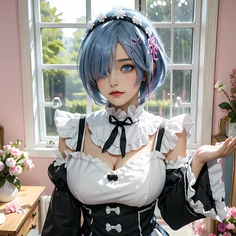 r_big breasts and big breasts_m, 1girll,(beautiful face:1.25) short blue hair, blue eyes, hair on one eye, hair adornments, pink...