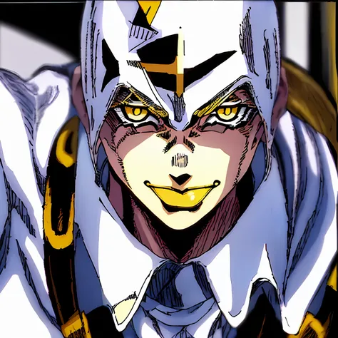 stoneocean, masterpiece, best quality, portrait, 1boy, pale skin, short black hair, yellow glowing eyes, grinning, cocky, white ...