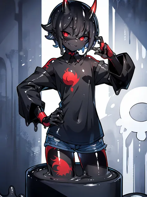 (best quality, detailed drawn hands, realistic fingers), (masterpiece, sidelighting, finely detailed beautiful eyes: 1.2), ((best quality)), ((masterpiece)), (highly detailed:1.3), anime, loli girl, small chest, childish body, (black shirt, shirt with bare...