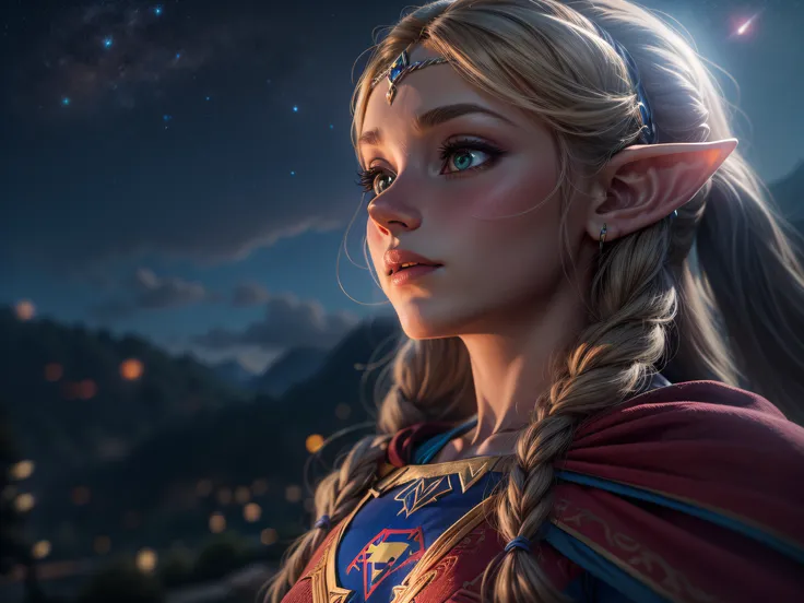 Closeup on an imposing Princess Zelda dressed as Supergirl in a glorious appearance, cheia de orgulho, olhar vitorioso, ricamente detalhada, Hiper realista, 3D-rendering, obra-prima, NVIDIA, RTX, ray-traced, Bokeh, Night sky with a huge and beautiful full ...