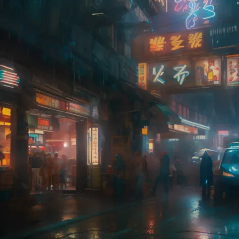 (masterpiece, ultra-high resolution:1.4) ,asian restaurant, night, ad neon, rain (extremely detailed oil painting:1.2), glow eff...