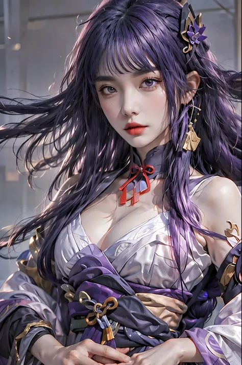 photorealistic, high resolution, 1women, solo, hips up, look at viewer, (detailed face), narrow waist, closed lips, purple hair, long hair,Raiden Shogun (genshin impact), jewelry