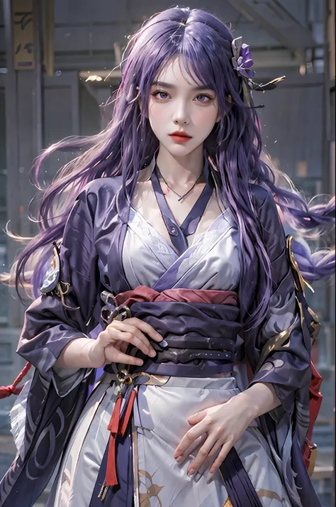 photorealistic, high resolution, 1women, solo, hips up, look at viewer, (detailed face), narrow waist, closed lips, purple hair, long hair,Raiden Shogun (genshin impact), jewelry