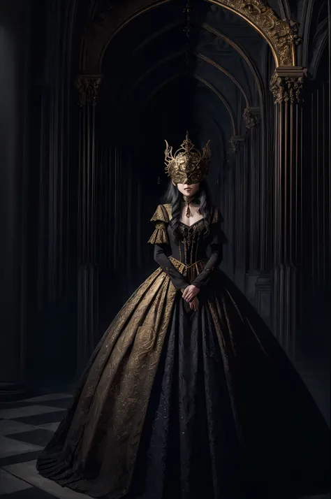 A woman wearing a gold blind mask, Gothic dress, Adornos de encaje, Tono mapeado, Detallado, Altamente detallado,1mujer , V0id3nergy, surgery, brillante, cabeza, en_..jar, agua, sangre_buques,, (obra maestra: 1.3), (mejor_Quality: 1.3), (ultra_detallado: 1...