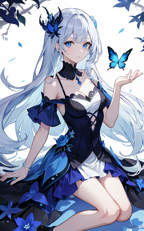 ((tmasterpiece:1.4,best qualtiy))+,(hyper-detailing)+,(Ultra-detailed eyes)+,
(Elegant 1 girl),blue color eyes:1.15),white color hair,Very long hair,(wariza:1.2),paleskin,Keep your mouth shut,grieves,
(She wears a dress made of entangled blue vines:1.5),(f...