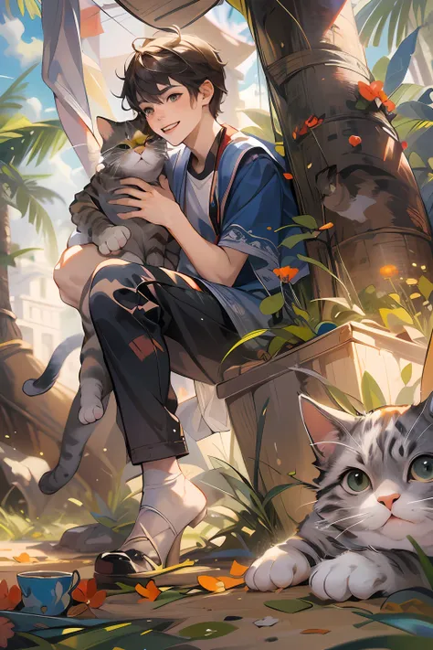 (Masterpiece:1.2, high quality),cat, absurdres, highres, ultra detailed, 1cat, 1boy, (playing with cat:1.2), smile