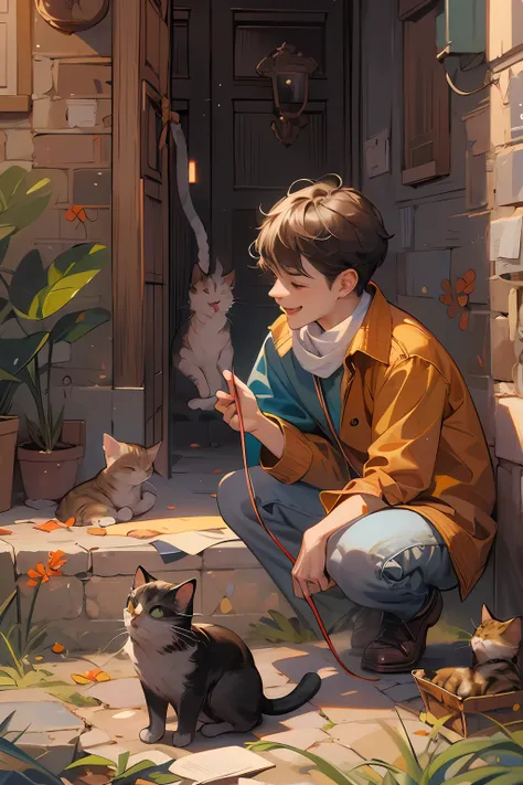 (Masterpiece:1.2, high quality),cat, absurdres, highres, ultra detailed, 1cat, 1boy, (playing with cat:1.2), smile