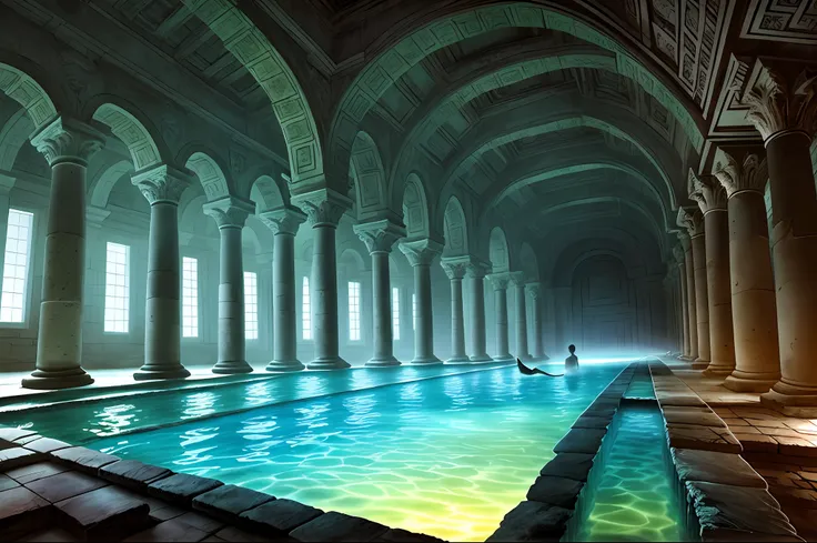 at night, dark, during night, interiors, intricately details, ancient temple, (ruin), a handsome man swims in a large pool of ra...