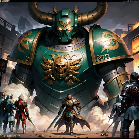 Draw a man in armor,There is a large horned head and a large sword, Nurger, adrian smith fantasy art, warhammer art, Adrian Smith concept art, warhammer style, chaos marine, Warhammer fantasy art, okeh, warhammer chaos, Inspired by Simon Beasley, Horne, Si...