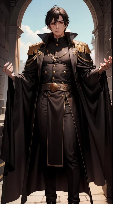 a 29-year-old man，a black-haired, black-eyed vampire king，he wears a brown robe