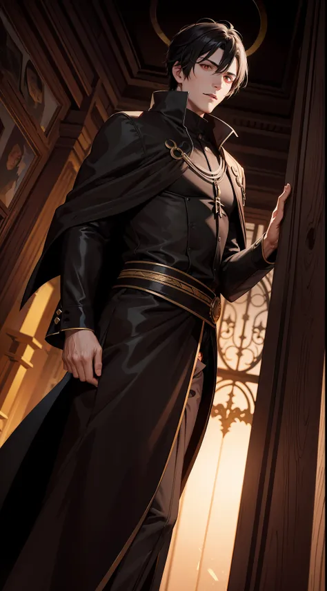 a 29-year-old man，a black-haired, black-eyed vampire king，he wears a brown robe