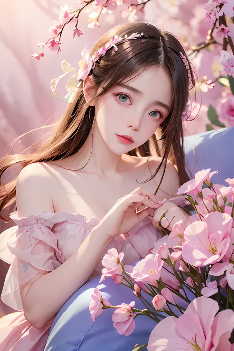 1girl in、florals、lisianthus、in the style of pale pink and bright azure、dreamy and romantic compositions、pale pink、ethereal leave...