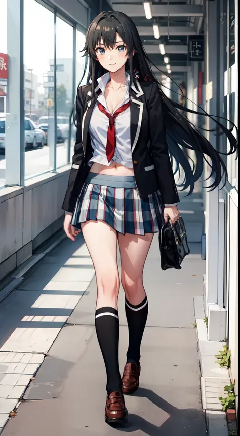 Yukino yukinoshita, long hair, cleavage, navel, slim legs, black hair, blue eyes,  short skirt, thigh high socks, teen, happy, school uniform, corridor, Belly, full body