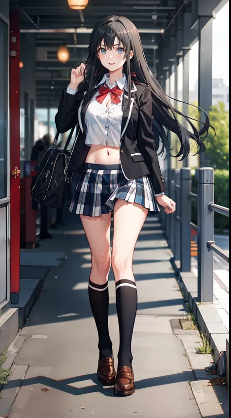 Yukino yukinoshita, long hair, cleavage, navel, slim legs, black hair, blue eyes,  short skirt, thigh high socks, teen, happy, school uniform, corridor, Belly, full body