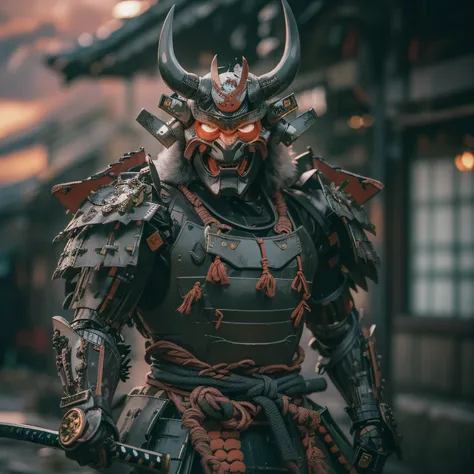 (masterpiece, ultra-high resolution:1.4), (photo of a mecha samurai wearing demon oni mask, full mecha samurai armor, head down,...