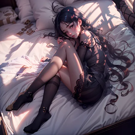 girl lay on bed, wearing a light and transparent black lace strap facing the camera reveals, charming pale, wearing black socks,...