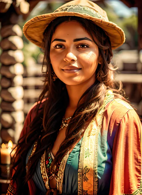 Intricate portrait of a very beautiful Mexican woman in typical Mexican costume, lit by hot lit candles, with a Mexican backdrop in the background. impressive interpretive look. f1.0lens. with a backdrop of Mexican countryside in the background. stunning i...