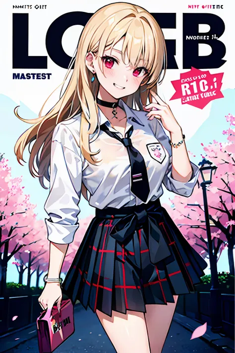 masterpiece, best quality,  full body,
1girl, bangs, black choker, black necktie, blonde hair, blue skirt, blush, bracelet, brea...