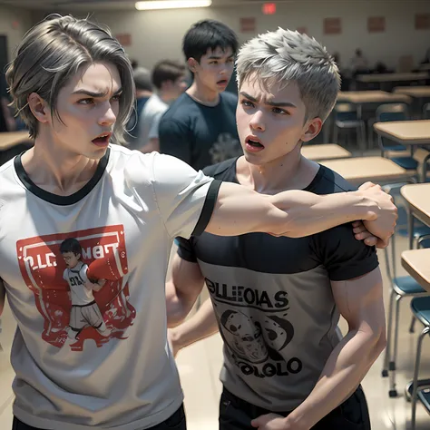 silver-gray hair is in the high school cafeteria is struggling to hit the face angry anger a 15-year-old boy grabs his 15-year-o...