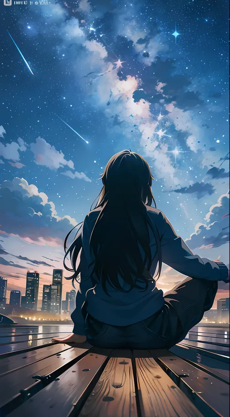 anime girl sitting on a dock looking out over town at night, makoto shinkai cirilo rolando, anime art wallpaper 4k, anime art wa...