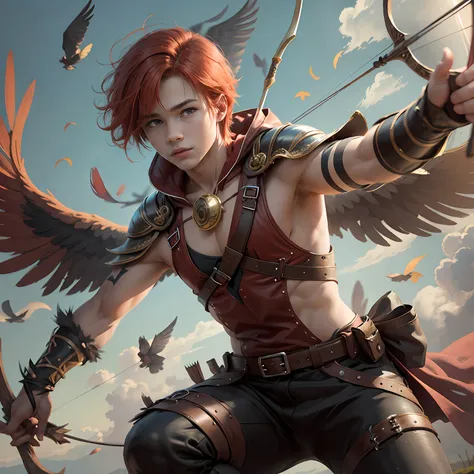 a 14-year-old boy with a bow and arrow has red hair and wings