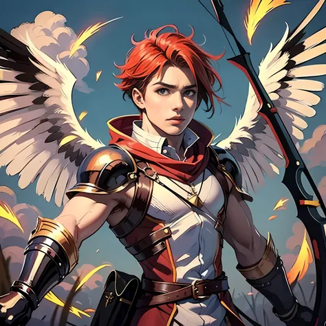 a 14-year-old boy with a bow and arrow has red hair and wings