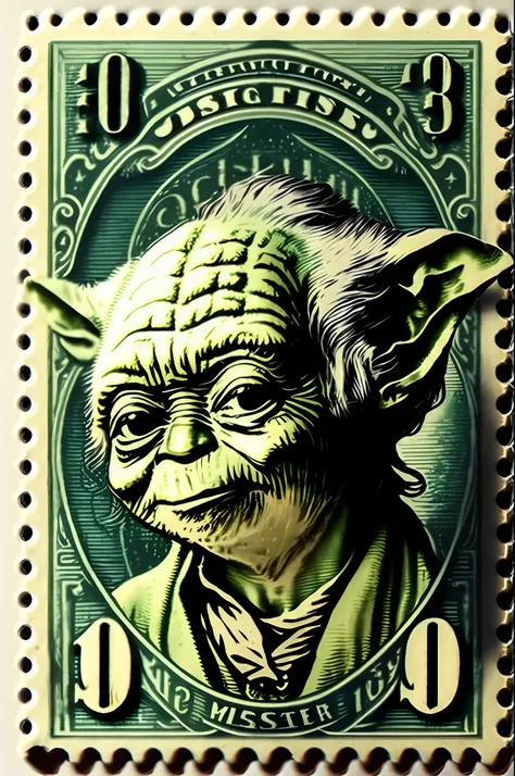 vintage postage stamp, 0.01 matic price stamp, master yoda using the force, green ink, line engraving, intaglio