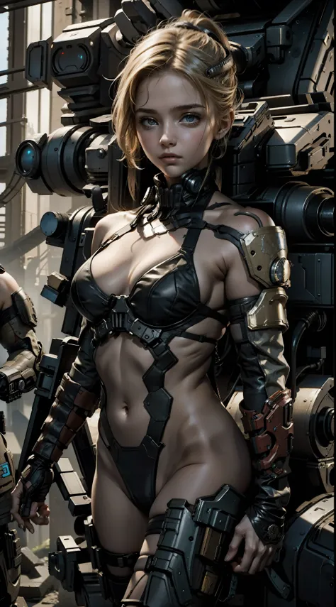 An 18-year-old blonde girl in a bikini in gears of war armor, in a futuristic war scenario