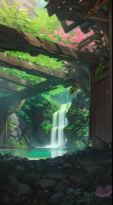 spring, jungle, lake, cave, waterfall, tree, meadow, rock, deer, hot spring, petal, water vapor, (illustration: 1.0), epic compo...